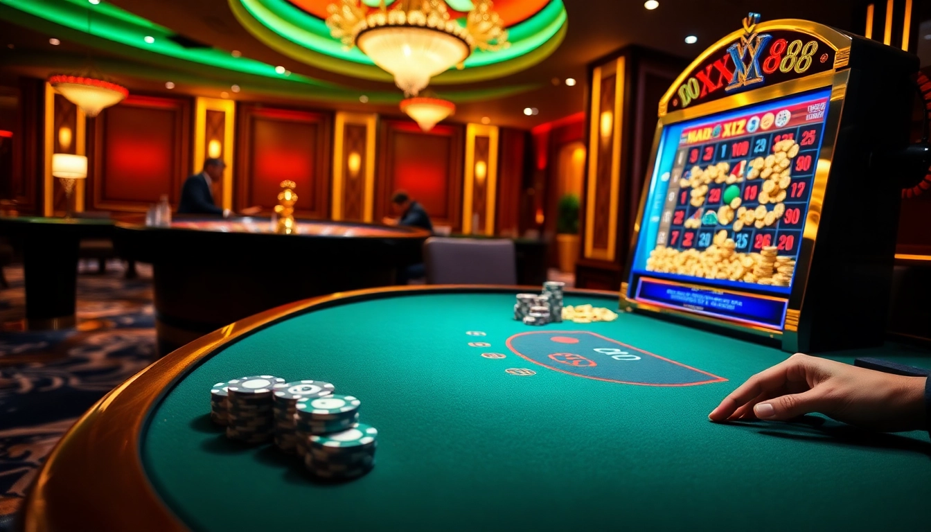 Experience thrilling gameplay at XX 88 with poker chips and roulette in a luxurious casino setting.