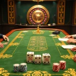 Tài Xỉu MD5 gameplay at a luxurious casino table with excited players and poker chips.