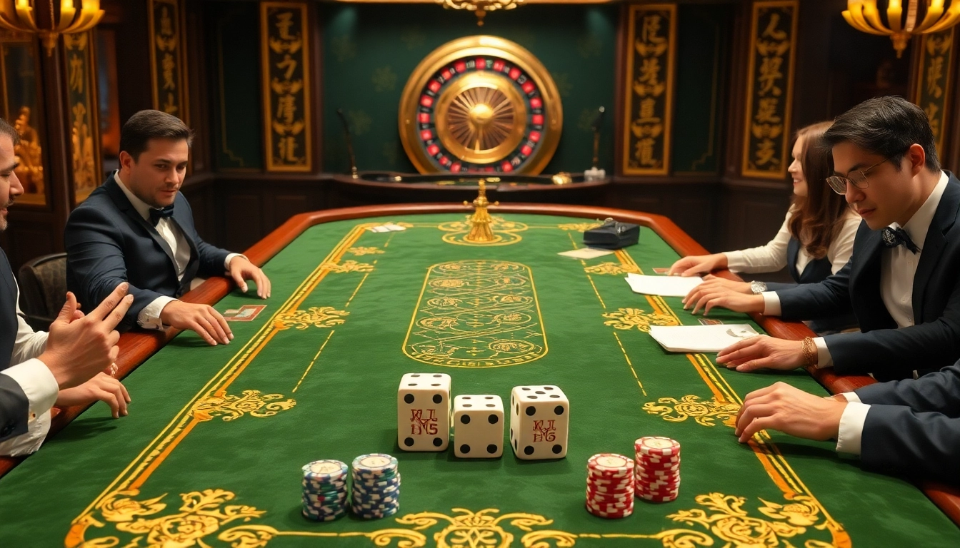 Tài Xỉu MD5 gameplay at a luxurious casino table with excited players and poker chips.