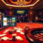 Experience thrilling gameplay with 89BET at a lavish casino featuring vibrant slot machines and poker tables.