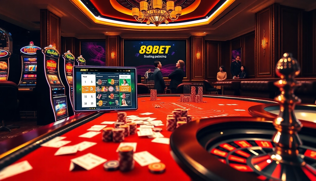 Experience thrilling gameplay with 89BET at a lavish casino featuring vibrant slot machines and poker tables.
