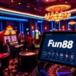 Betting excitement at Fun88's luxurious casino with vibrant slot machines and poker tables.
