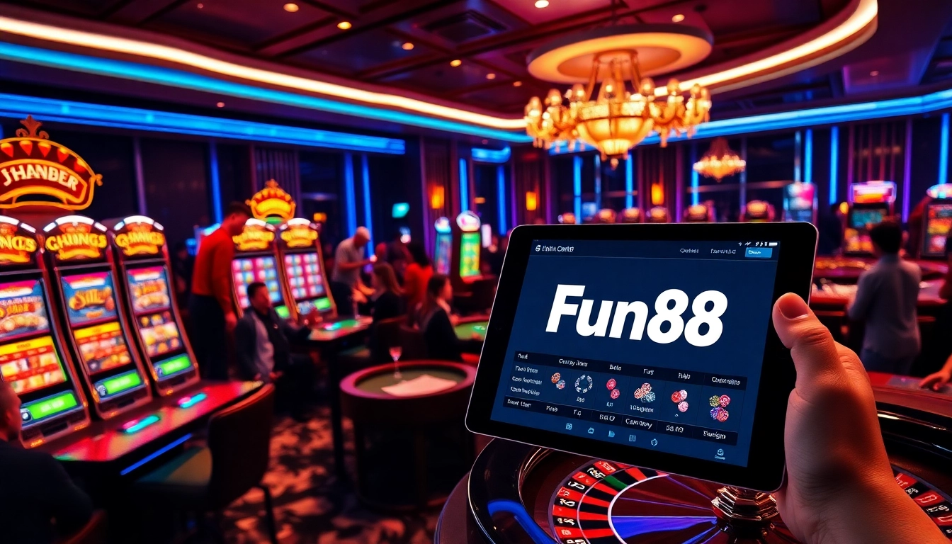 Betting excitement at Fun88's luxurious casino with vibrant slot machines and poker tables.