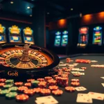 Go8 themed casino scene featuring an elegant roulette wheel amidst colorful poker chips and cards.