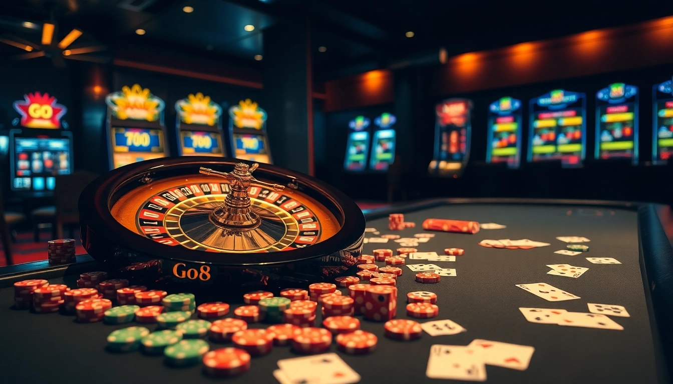 Go8 themed casino scene featuring an elegant roulette wheel amidst colorful poker chips and cards.
