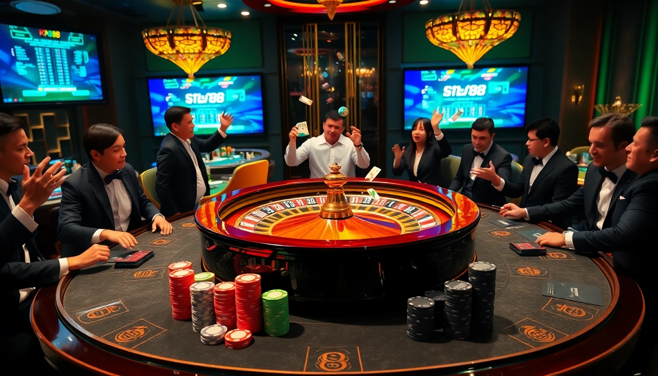 Experience lively gaming action at kp88 with an elegant casino atmosphere filled with excited players and vibrant tables.