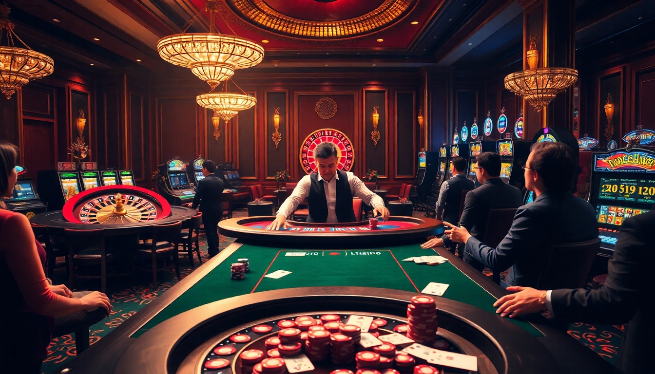 Excited players engaged in thrilling games at a luxurious casino scene featuring 789f đăng nhập.
