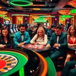 Gambler enjoying games at a luxurious casino scene linked to https://77ball.fun/, showcasing roulette and poker excitement.