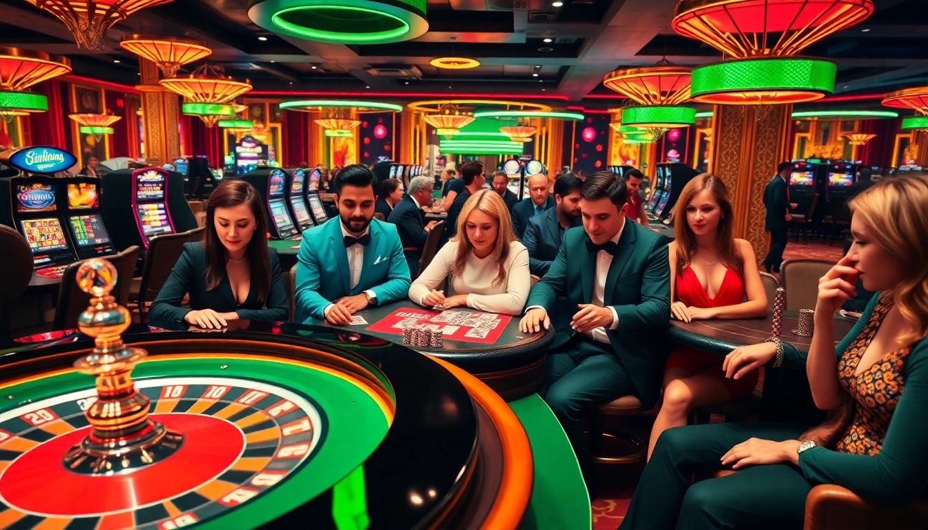 Gambler enjoying games at a luxurious casino scene linked to https://77ball.fun/, showcasing roulette and poker excitement.