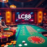 Experience the excitement of LC88 Media with a vibrant online casino scene featuring poker chips and roulette wheels.
