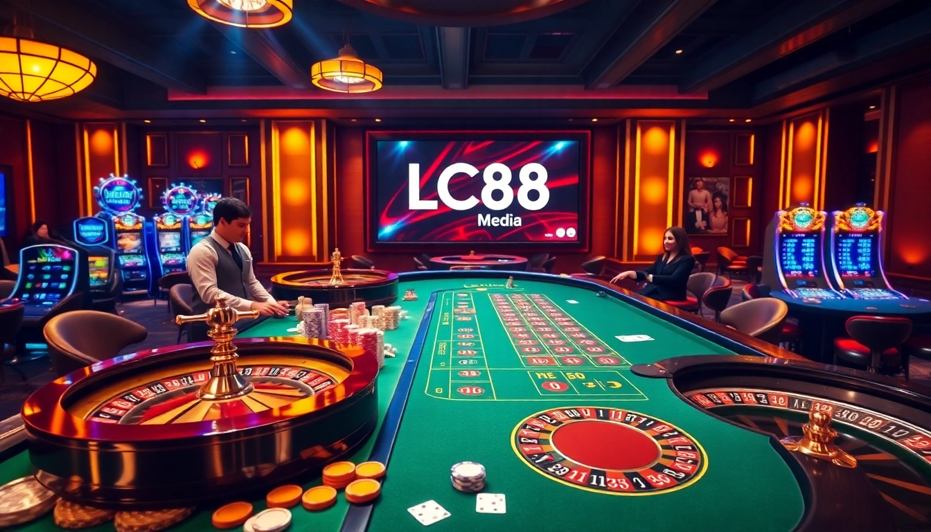 Experience the excitement of LC88 Media with a vibrant online casino scene featuring poker chips and roulette wheels.