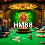 Engaged players at HM88 poker table, illuminated by dramatic lighting, experiencing high-stakes action.