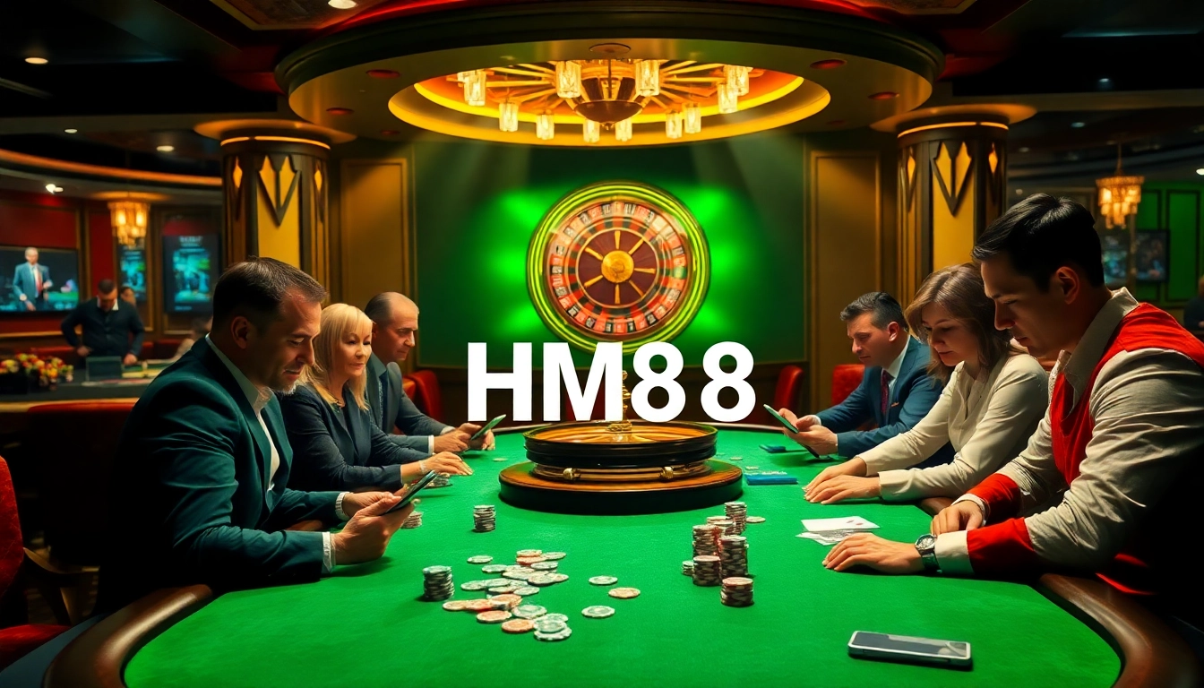 Engaged players at HM88 poker table, illuminated by dramatic lighting, experiencing high-stakes action.