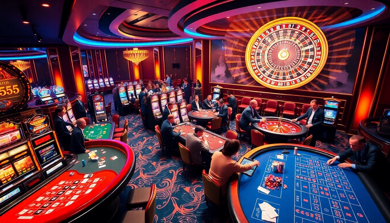 Experience the luxury of BL555 casino with players at engaging tables and vibrant slot machines.