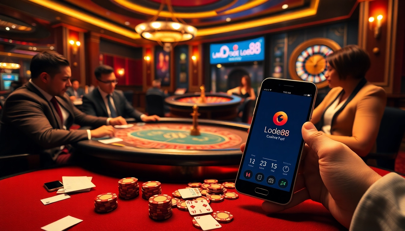 Lode88 players strategizing at a luxurious poker table, showcasing engaging gambling moments.