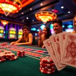 Experience an exciting blackjack game at the kim88 casino, showcasing vibrant poker chips and illuminated machines.