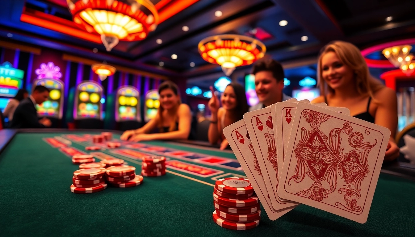 Experience an exciting blackjack game at the kim88 casino, showcasing vibrant poker chips and illuminated machines.