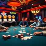 Players enjoying poker at a lavish casino table, highlighting Go99 in the exciting atmosphere.