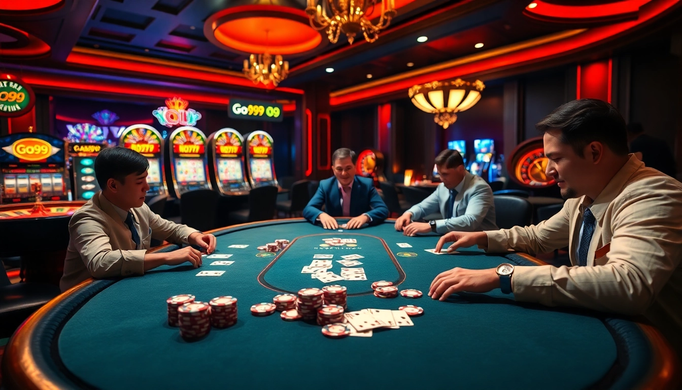 Players enjoying poker at a lavish casino table, highlighting Go99 in the exciting atmosphere.