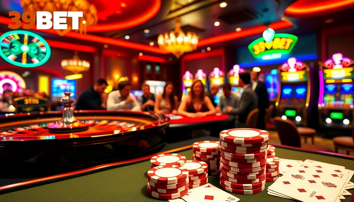 Enjoying an exciting game at 39BET's vibrant casino scene with roulette, poker, and slot machines.