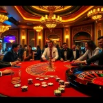 Players enjoying a thrilling poker game at https://888vi.space/ with a vibrant casino atmosphere.