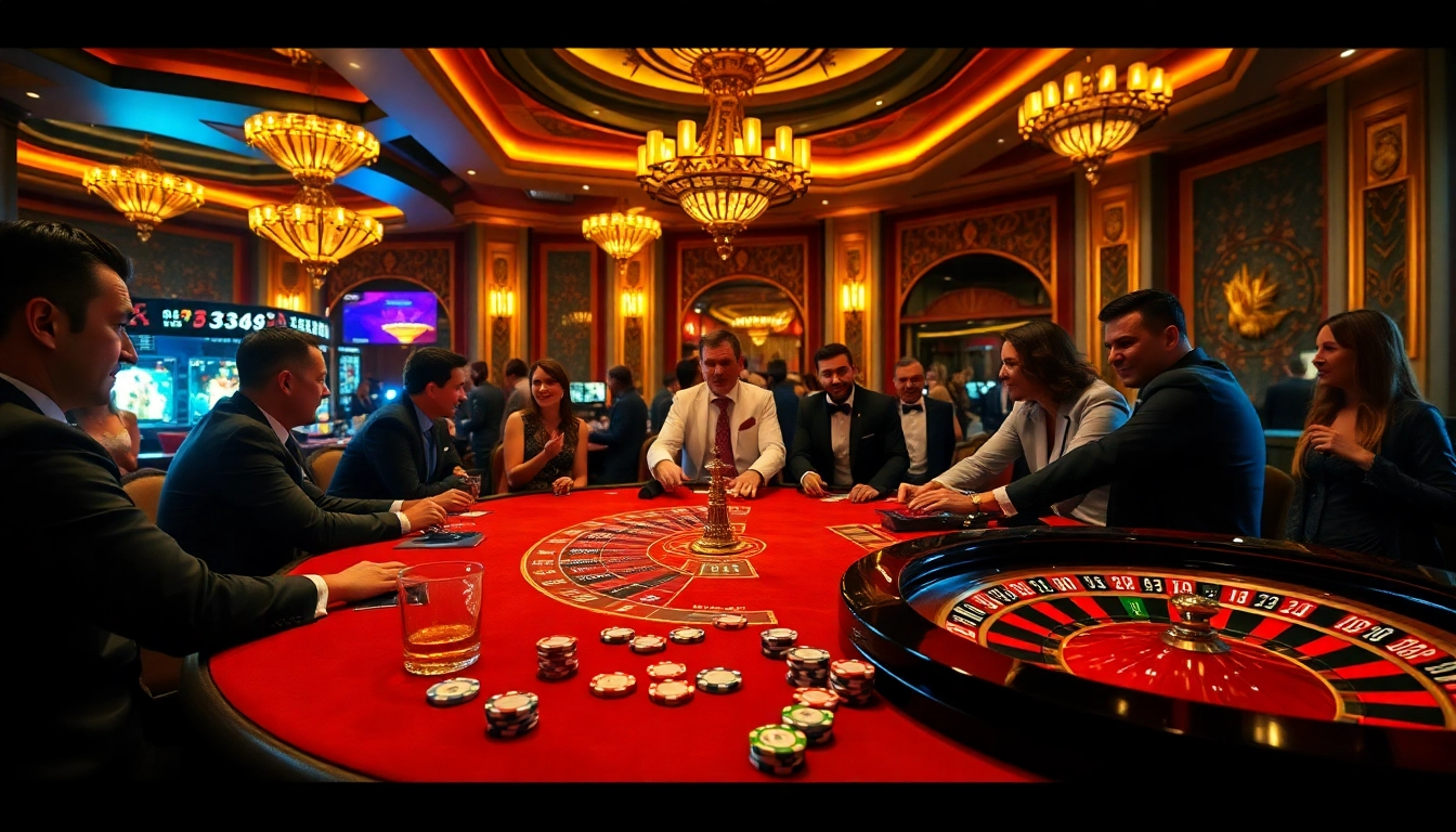 Players enjoying a thrilling poker game at https://888vi.space/ with a vibrant casino atmosphere.