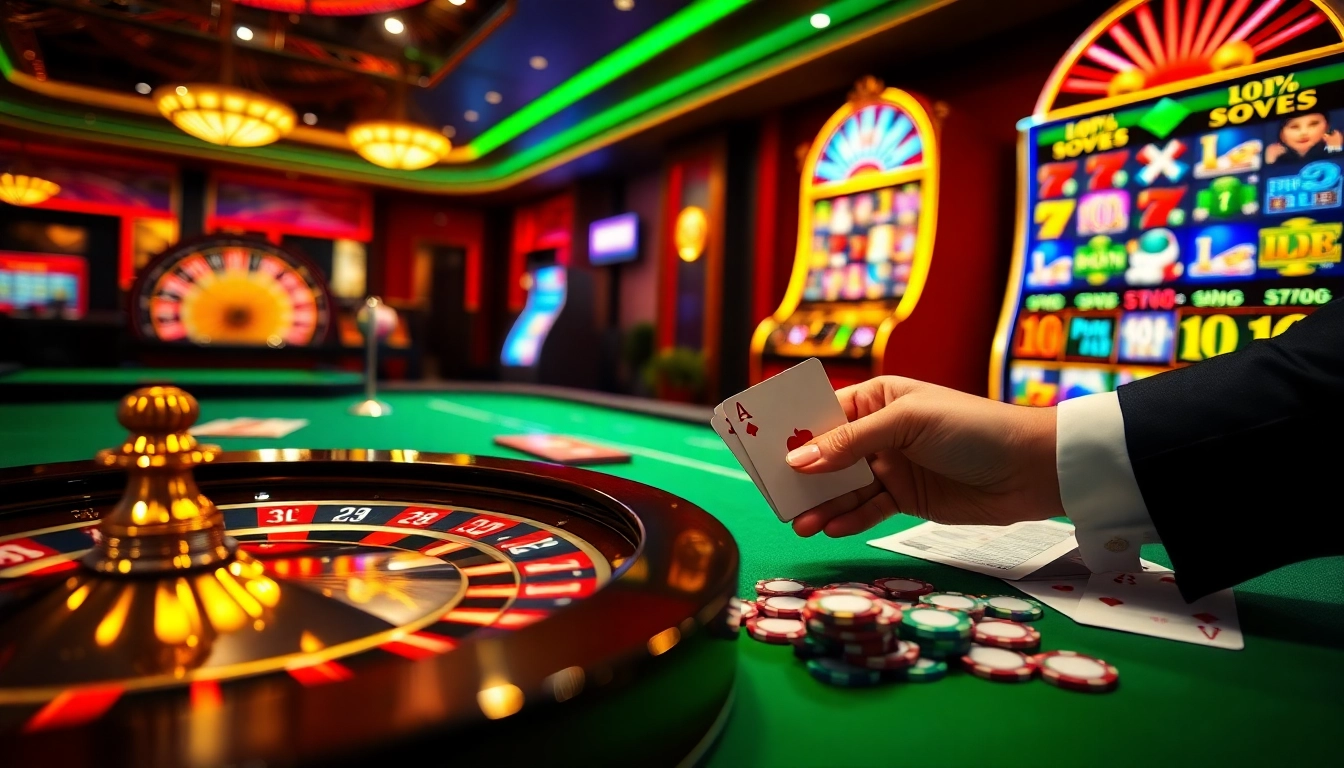 Action-packed gambling scene at https://lc88.video/ with poker, roulette, and vibrant slot machines.