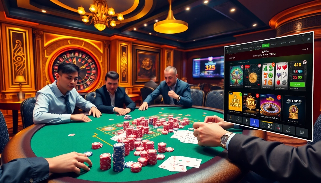 33Win poker players engaging in exciting gameplay surrounded by vibrant gambling elements.