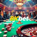 Experience the excitement of gambling at 8kbet with a luxurious casino scene featuring poker chips and cards.