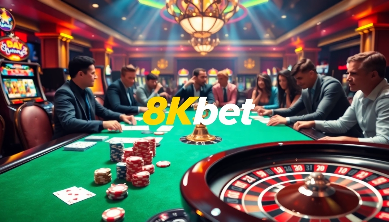 Experience the excitement of gambling at 8kbet with a luxurious casino scene featuring poker chips and cards.