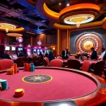A thrilling casino experience at https://fly88seo.com/ featuring a vibrant poker game with colorful chips and a spinning roulette wheel.