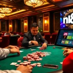 Players engaged in a poker game, showcasing nk88 branding among vibrant chips in a luxurious casino.