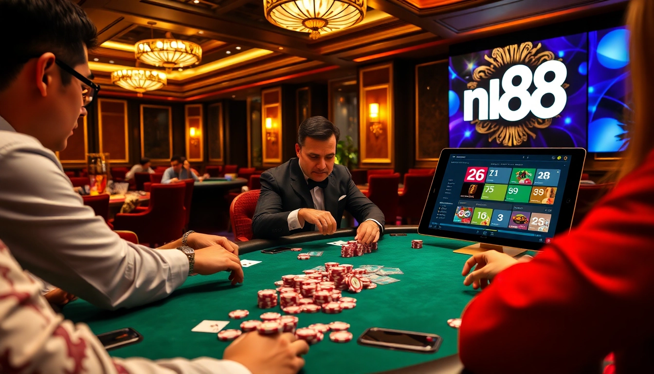Players engaged in a poker game, showcasing nk88 branding among vibrant chips in a luxurious casino.