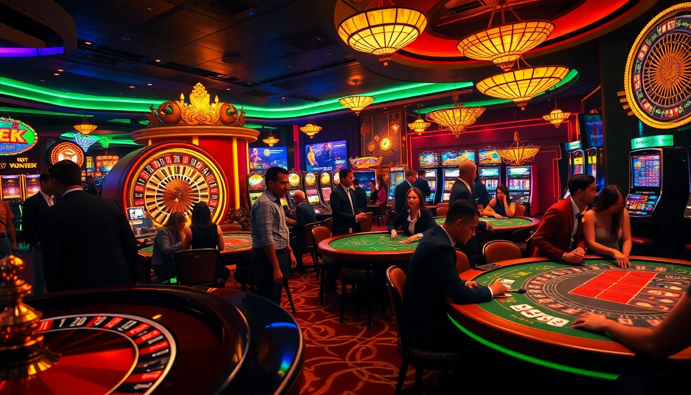 Casino excitement at NOHU90 with roulette, slots, and players in action.