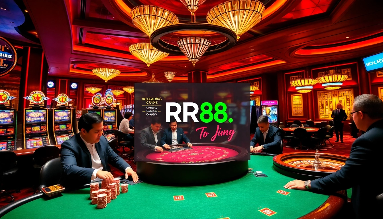 Experience thrilling gameplay at RR88 with luxurious casino tables and vibrant slot machines.
