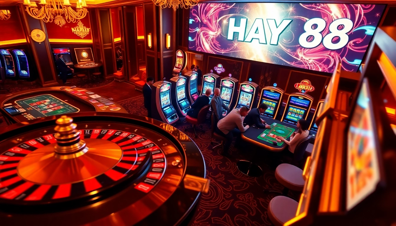 Engaging casino action at HAY88 with vibrant games, players, and a roulette wheel.