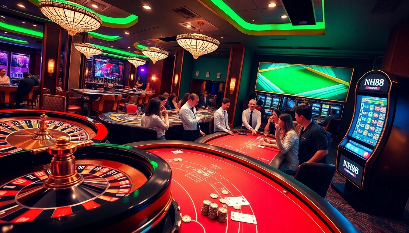 Exciting casino scene showcasing NH88 with poker tables and winning bets in a luxurious environment.