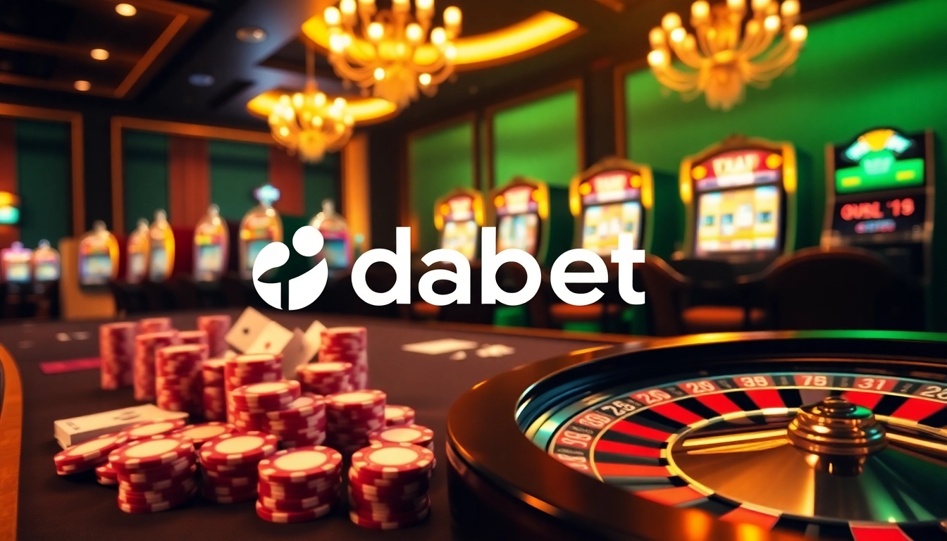 Dabet logo prominently displayed at a vibrant casino table scene, showcasing poker chips and a roulette wheel.
