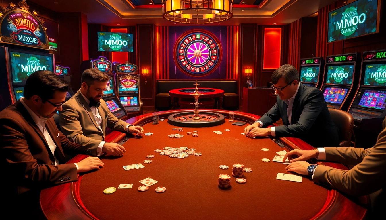 Experience the thrill of MMOO with vibrant casino visuals showcasing a poker table and slot machines.