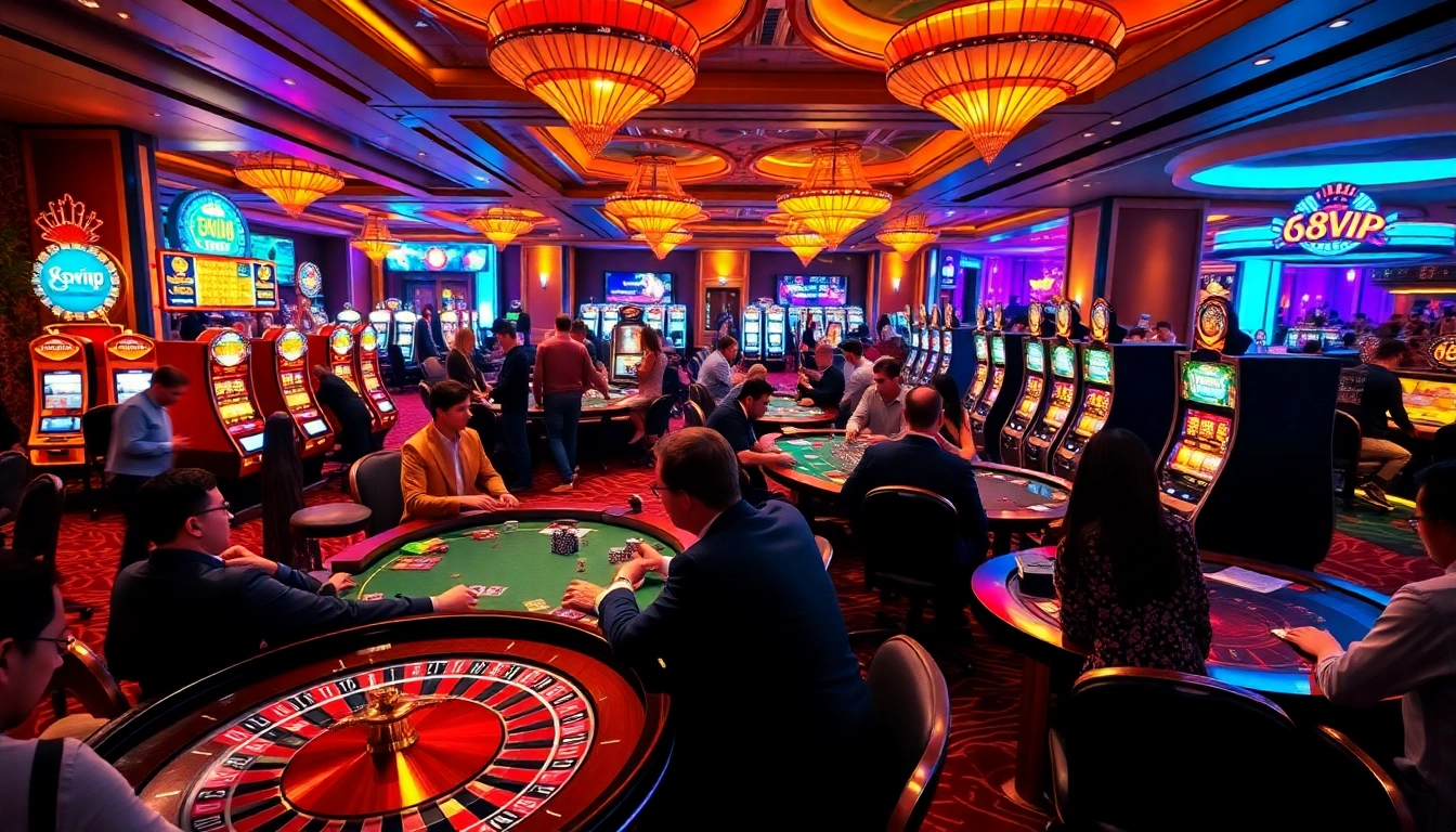 68VIP players enjoying an exciting game at a luxurious casino table with vibrant decor.