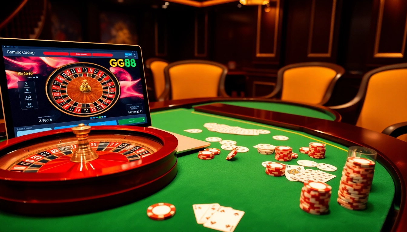 Gamblers engaging with GG88 online casino features on an elegant table setup.