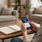 Player engaging with the 32win mobile app for online gambling strategies in a cozy living room setting.