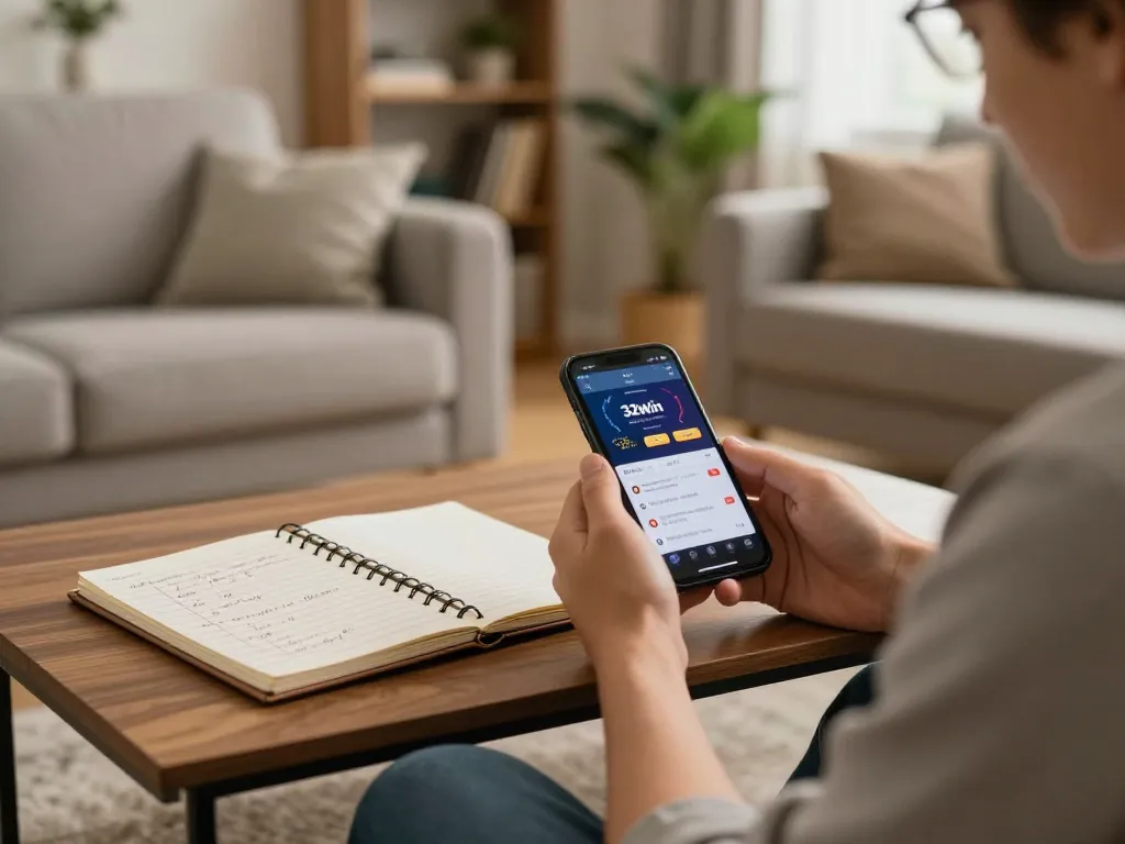 Player engaging with the 32win mobile app for online gambling strategies in a cozy living room setting.