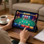 Player enjoying Bl555 online poker game with tablet and strategy notes in a cozy setting