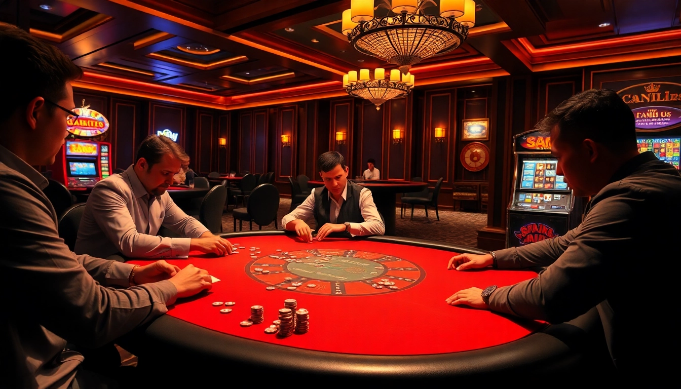 Engaging poker players enjoying a thrilling game at say88 casino's luxury table.