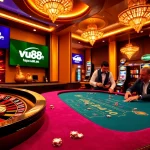 Experience thrilling gameplay at https://vu88.ink/ with poker chips and a roulette wheel in a classy casino setting.