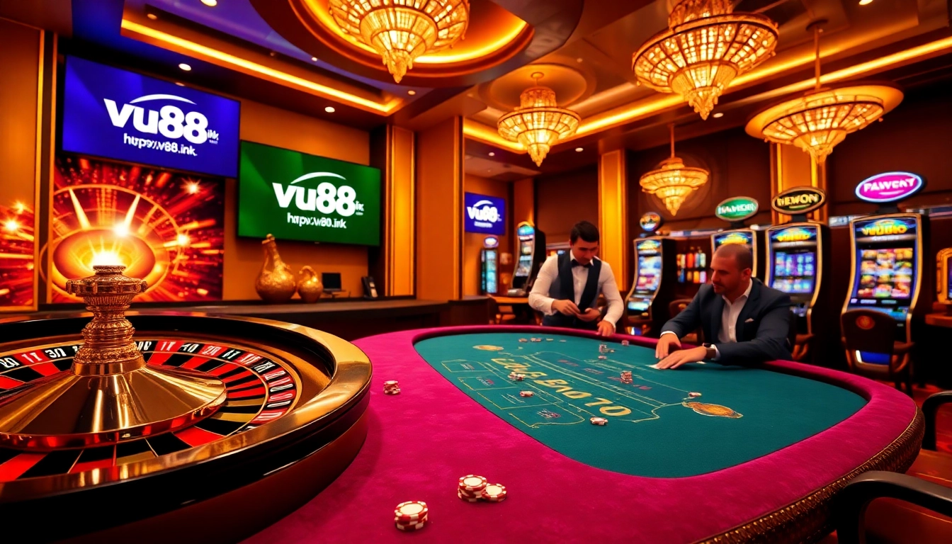 Experience thrilling gameplay at https://vu88.ink/ with poker chips and a roulette wheel in a classy casino setting.