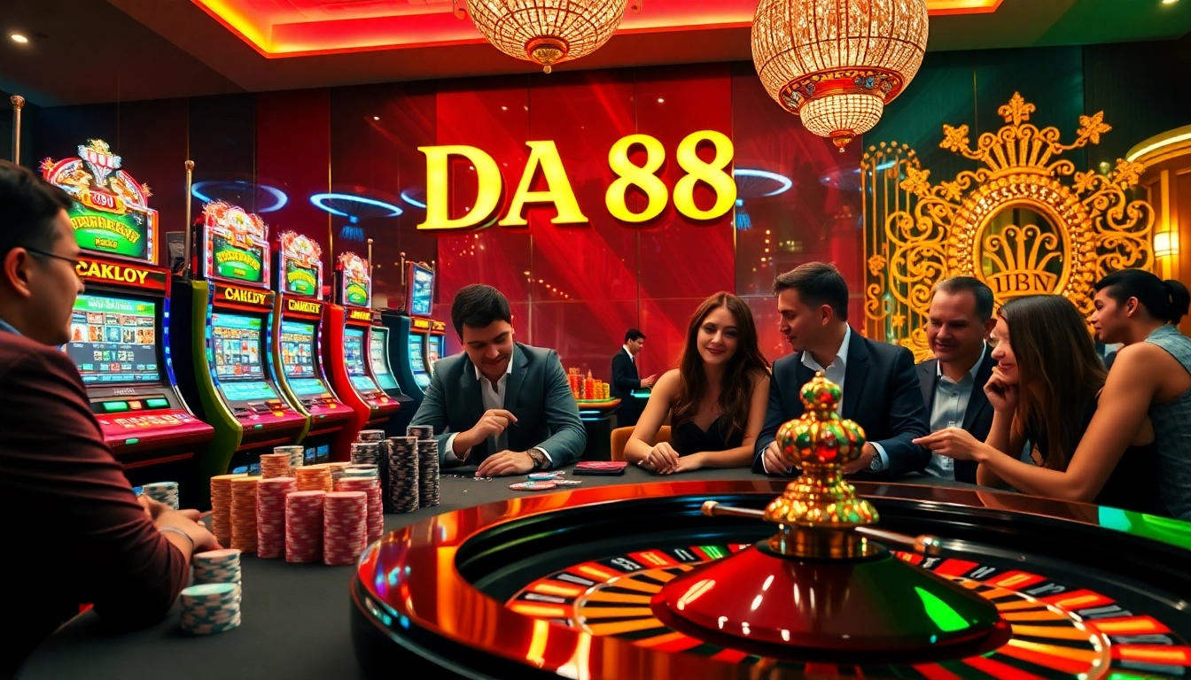 Experience high-stakes gaming with DA88 at a luxurious casino table filled with vibrant poker chips.