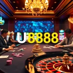 Engaging scene of high-stakes gameplay at U8888 casino with roulette and slots.