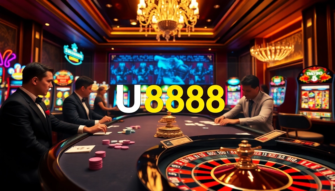 Engaging scene of high-stakes gameplay at U8888 casino with roulette and slots.